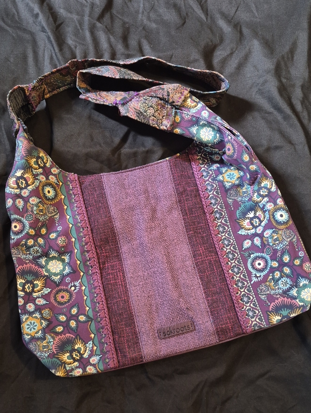 Sakroots Purple Floral Patchwork Shoulder Bag with Multicolor Accents